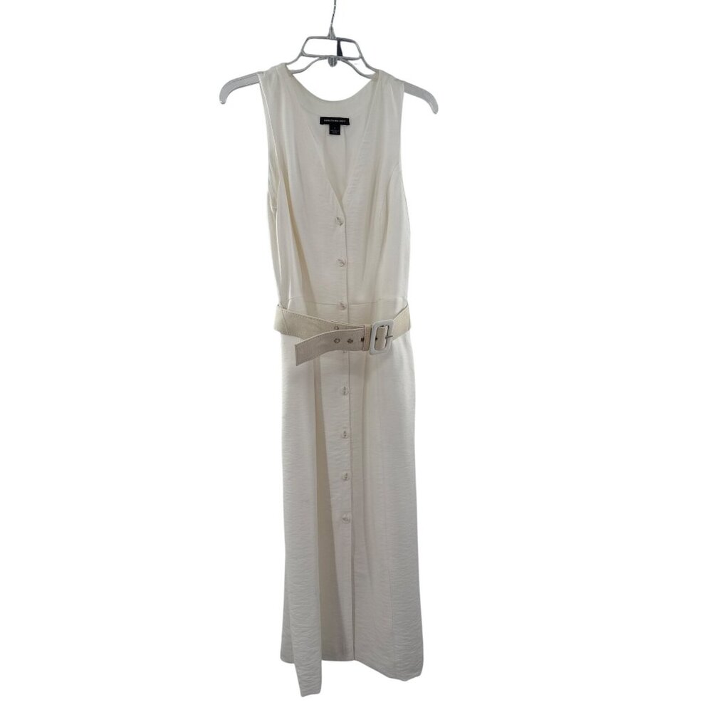 Something Navy Womens Belted Sleeveless Midi Dress S Viscose/Polyester White